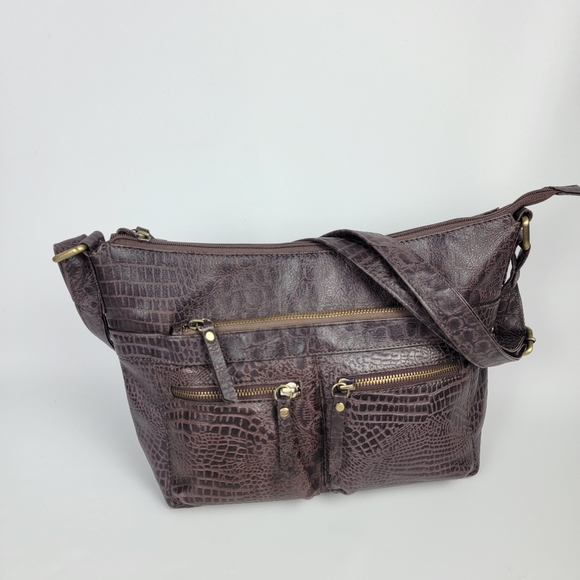 Great American Leather Crossbody Bag Brown Croco Style Leather Multi-Compartment - Picture 3 of 11